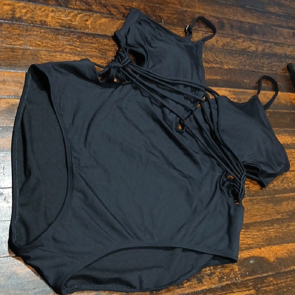 Time and Tru Elegant Black Bodysuit with Strappy Detail